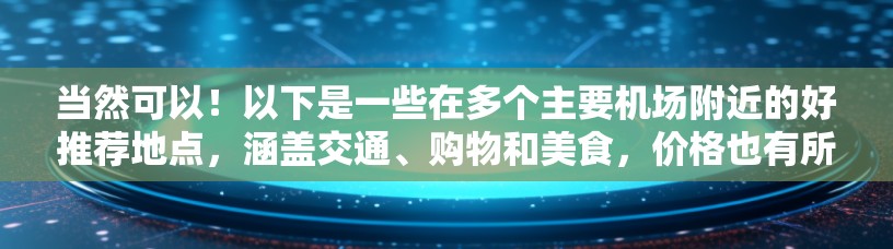 当然可以!以下是一些在多个主要机场附近的好推荐地点,涵盖交通、购物和美食,价格也有所波动。你可以根据自己的需求选择 当然可以!以下是一些在多个主要机场附近的好推荐地点,涵盖交通、购物和美食,价格也有所波动。你可以根据自己的需求选择